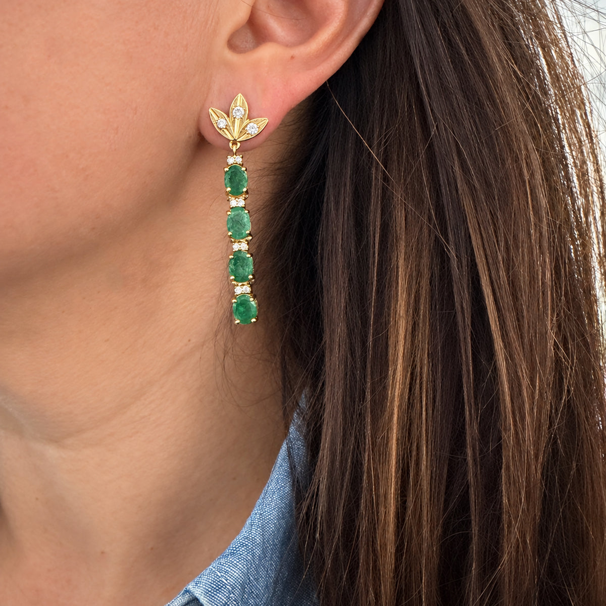 14K Emerald + Diamond Dangle Earrings
