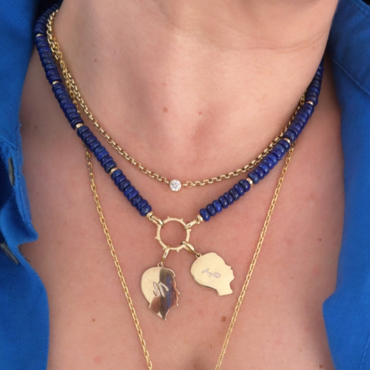 Lapis and Gold Beads Necklace with Charm Holder