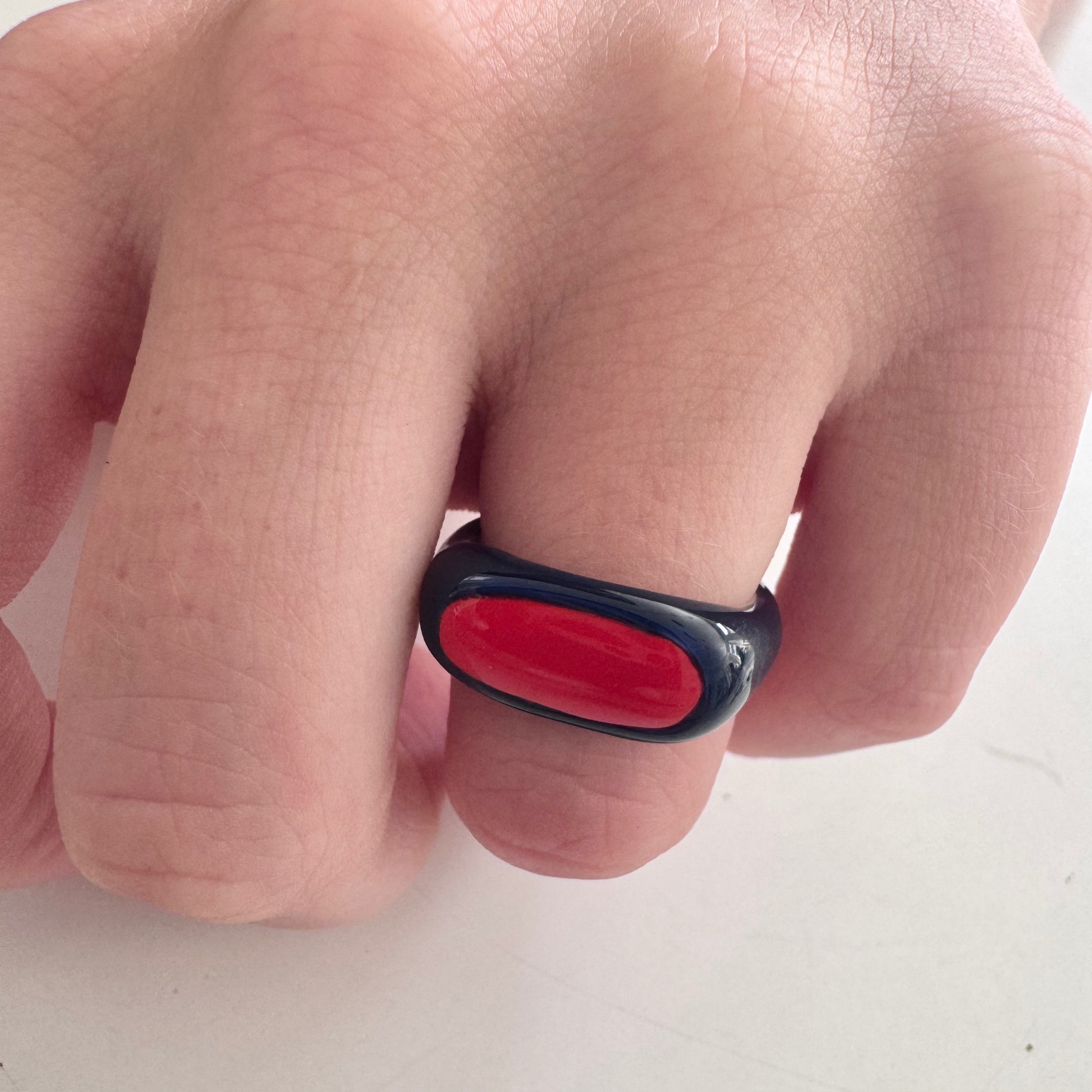 Navy & Red Enamel Signet Ring - size 5