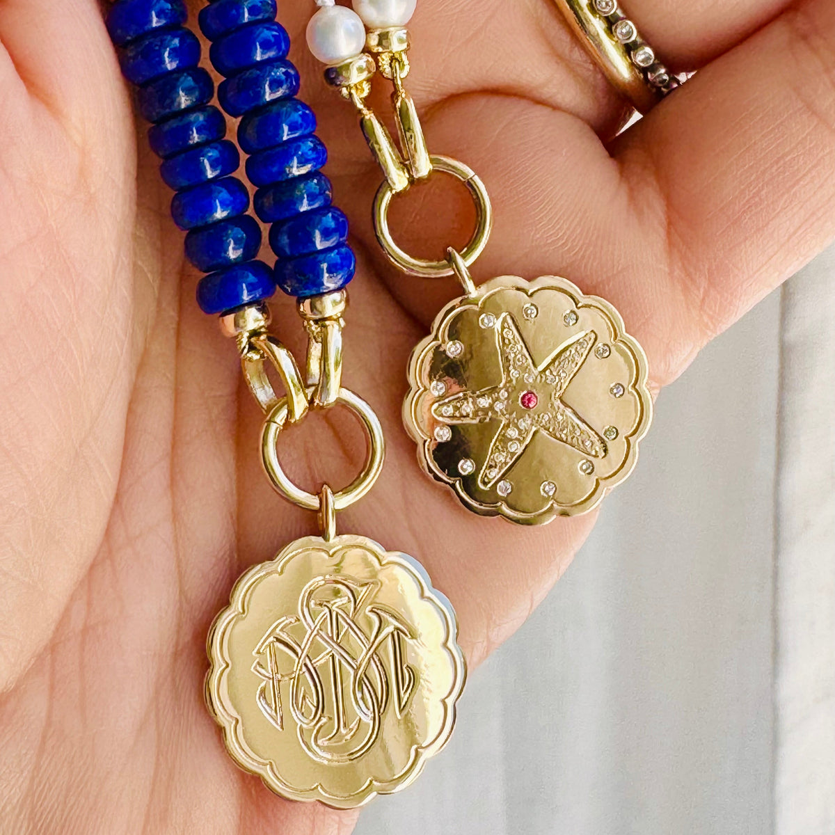 Lapis and Gold Beads Necklace with Charm Holder