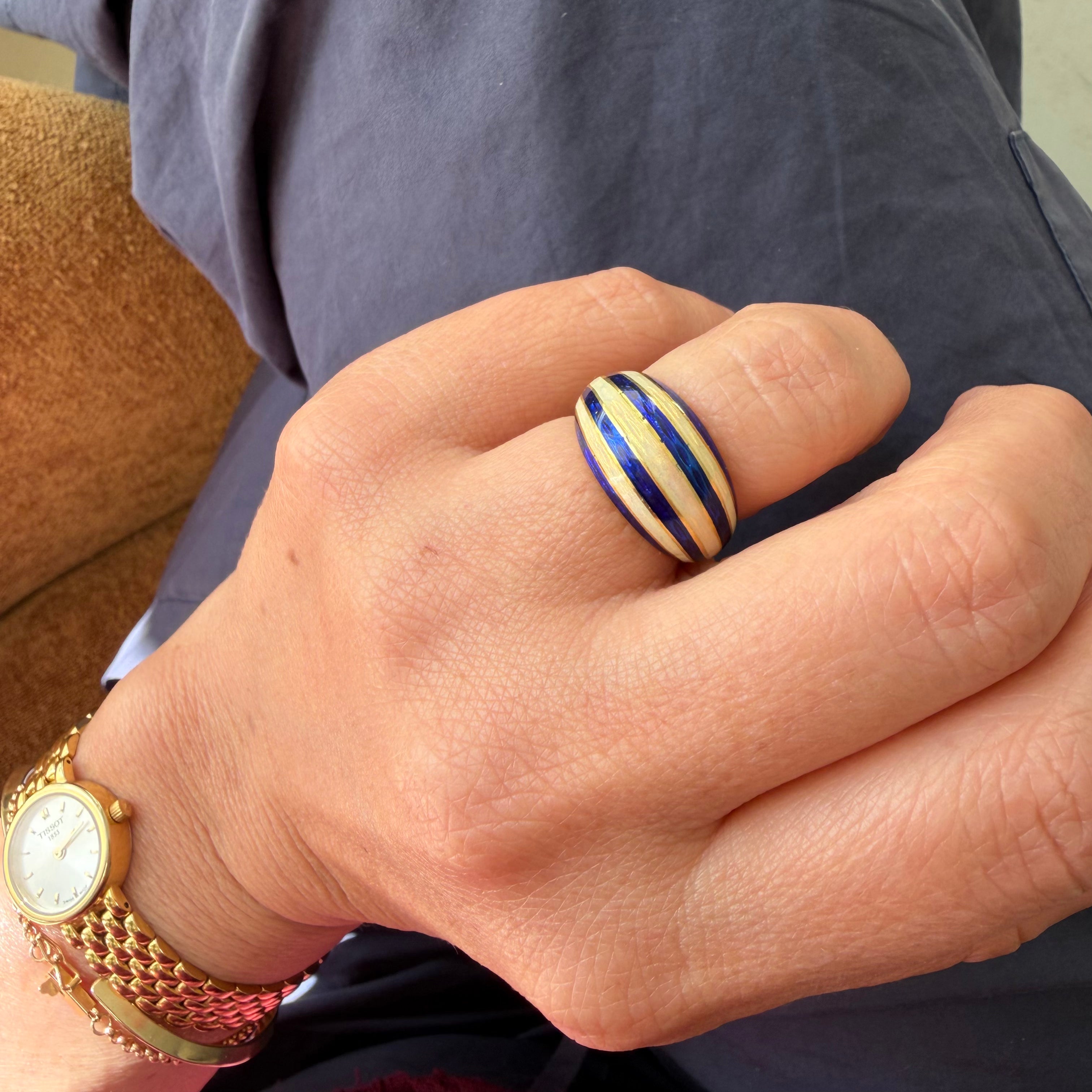 18K Striped Enamel Ring - Size 6