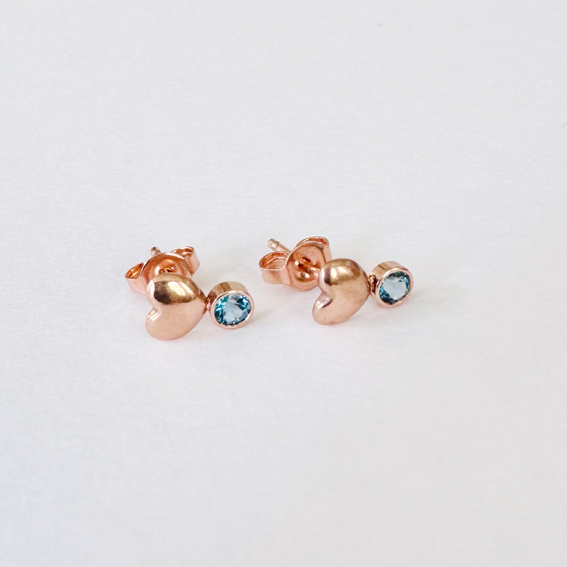 14K Rose Gold Puff Heart & London Blue Topaz Stud Earrings