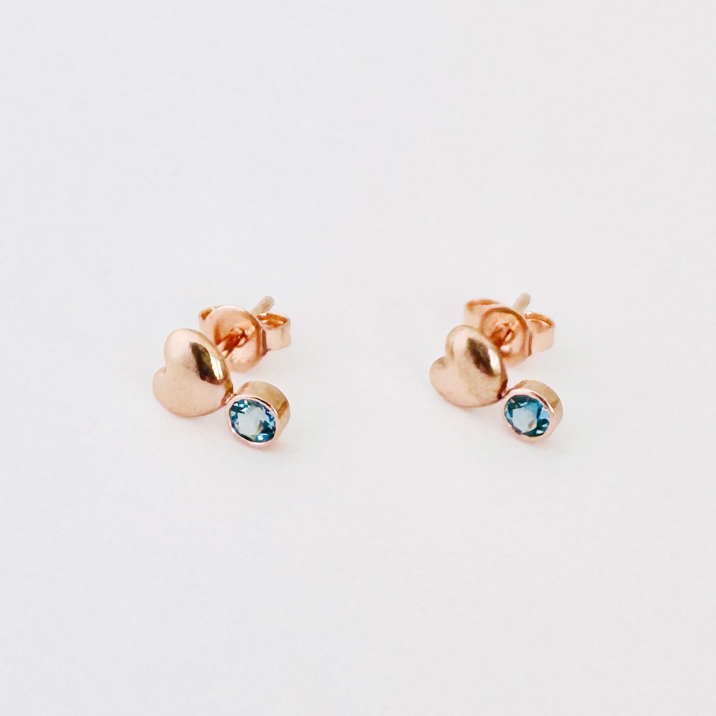 14K Rose Gold Puff Heart & London Blue Topaz Stud Earrings