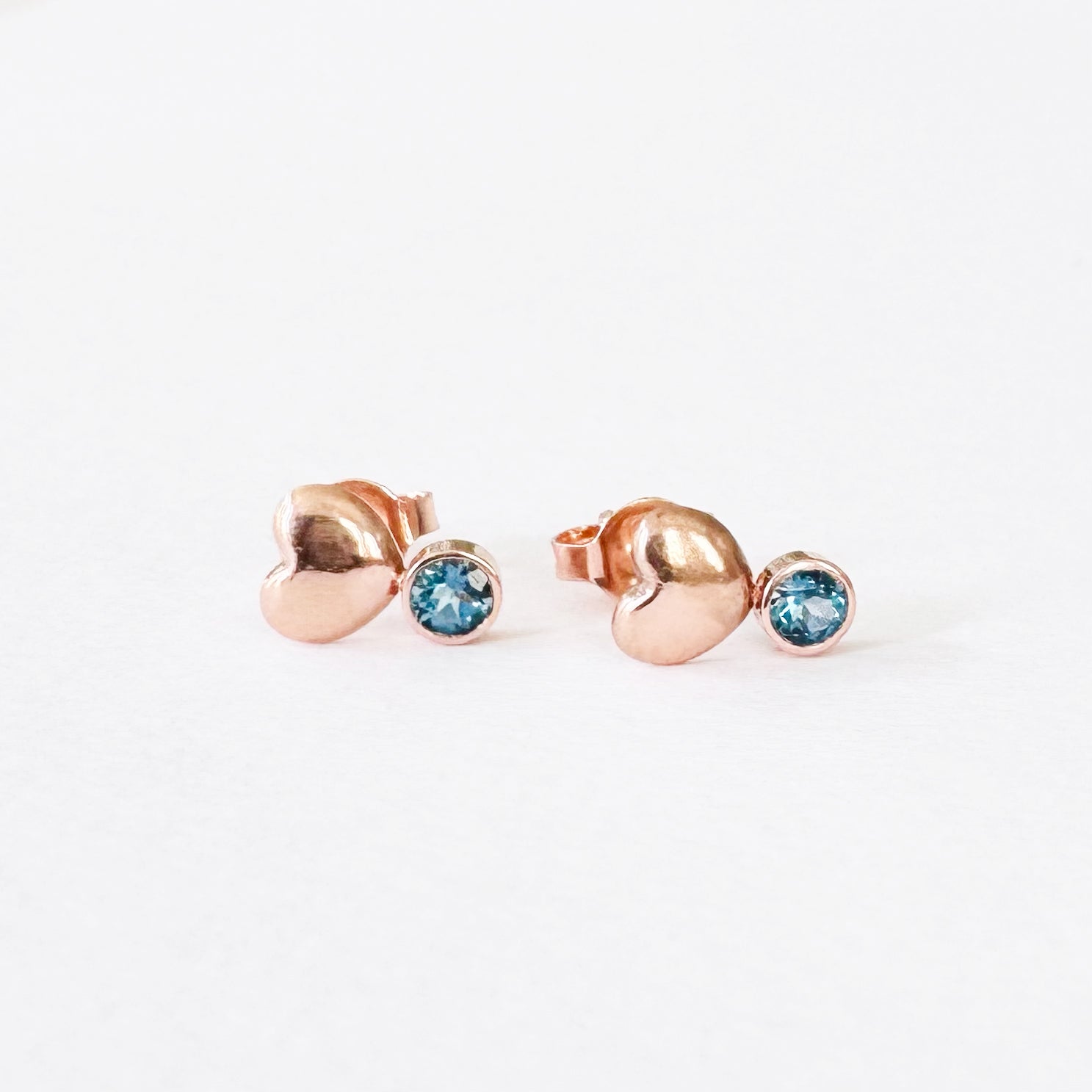 14K Rose Gold Puff Heart & London Blue Topaz Stud Earrings