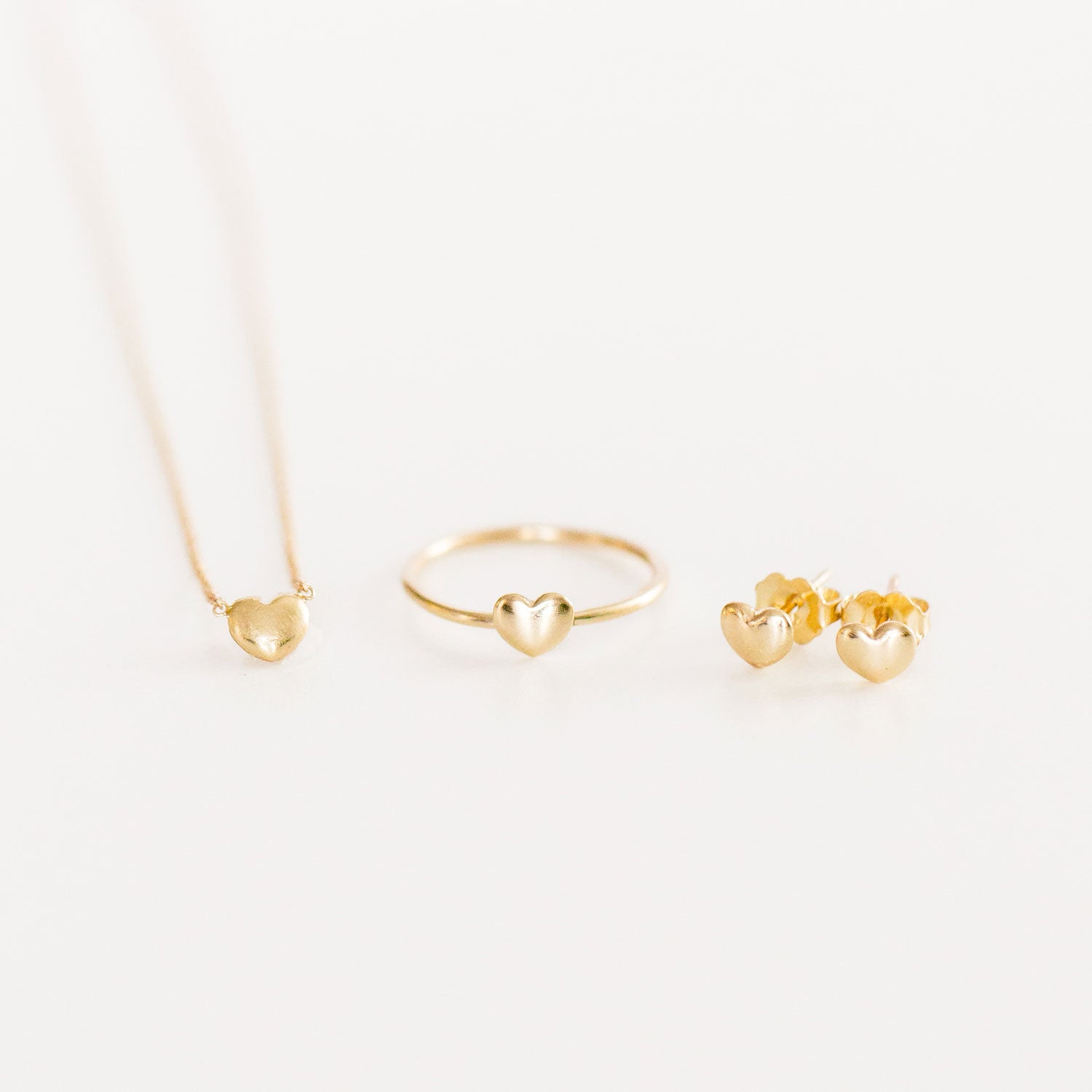 14K Puff Heart Necklace + Ring + Studs Set
