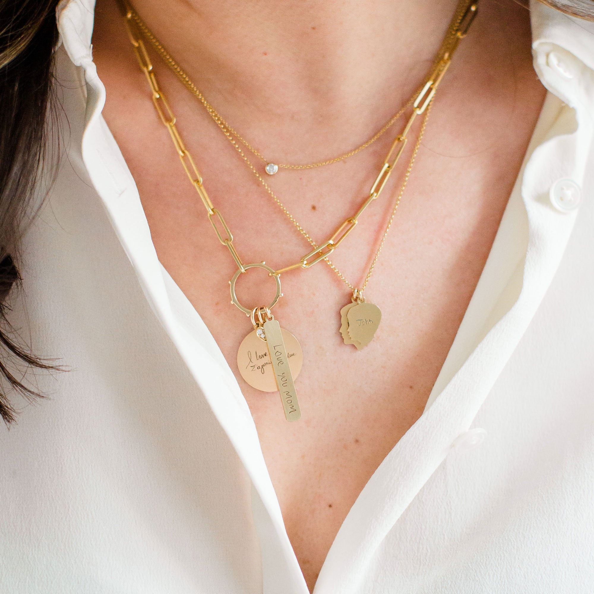 Paper Clip Chain Necklace with Charm Holder and Personalized Medallions