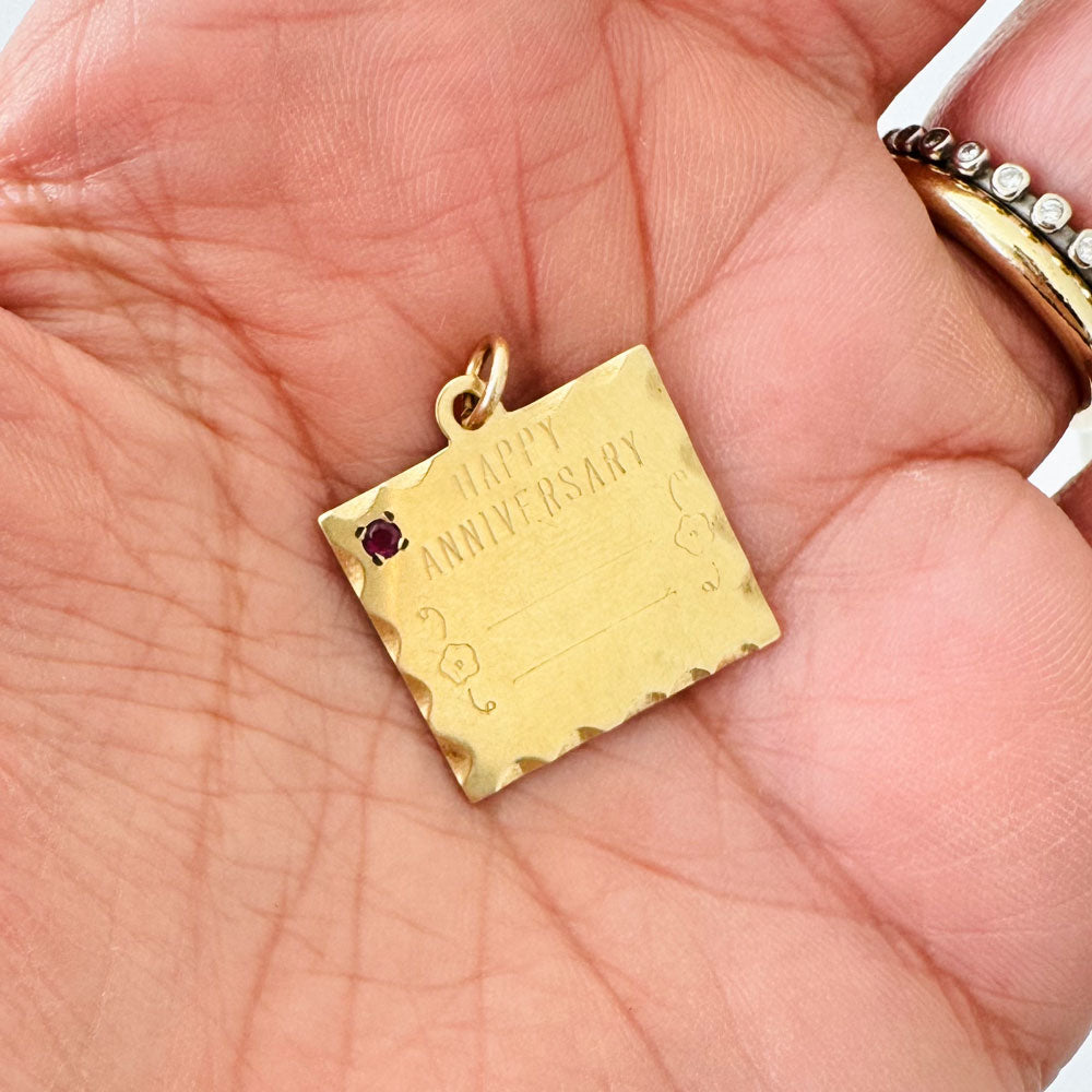 Vintage 14K Gold "Happy Anniversary" Charm w/ Ruby