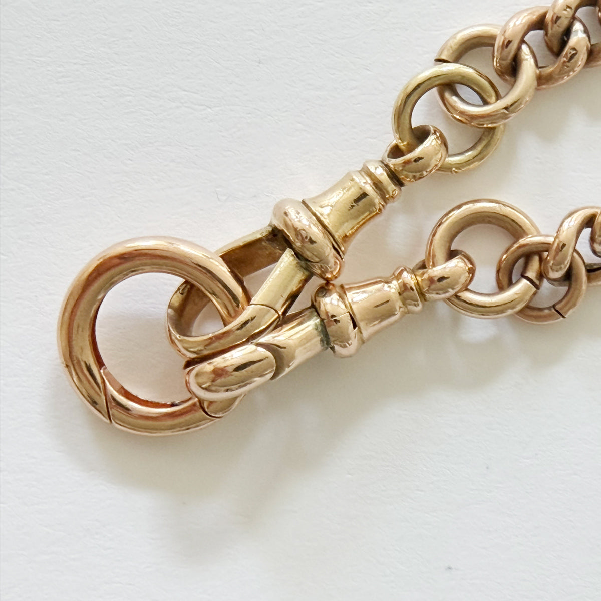 9K Rose Gold Antique Albert Pocket Watch Chain with 2 Swivel Dog Clips and Charm Holder - 15.5" inch