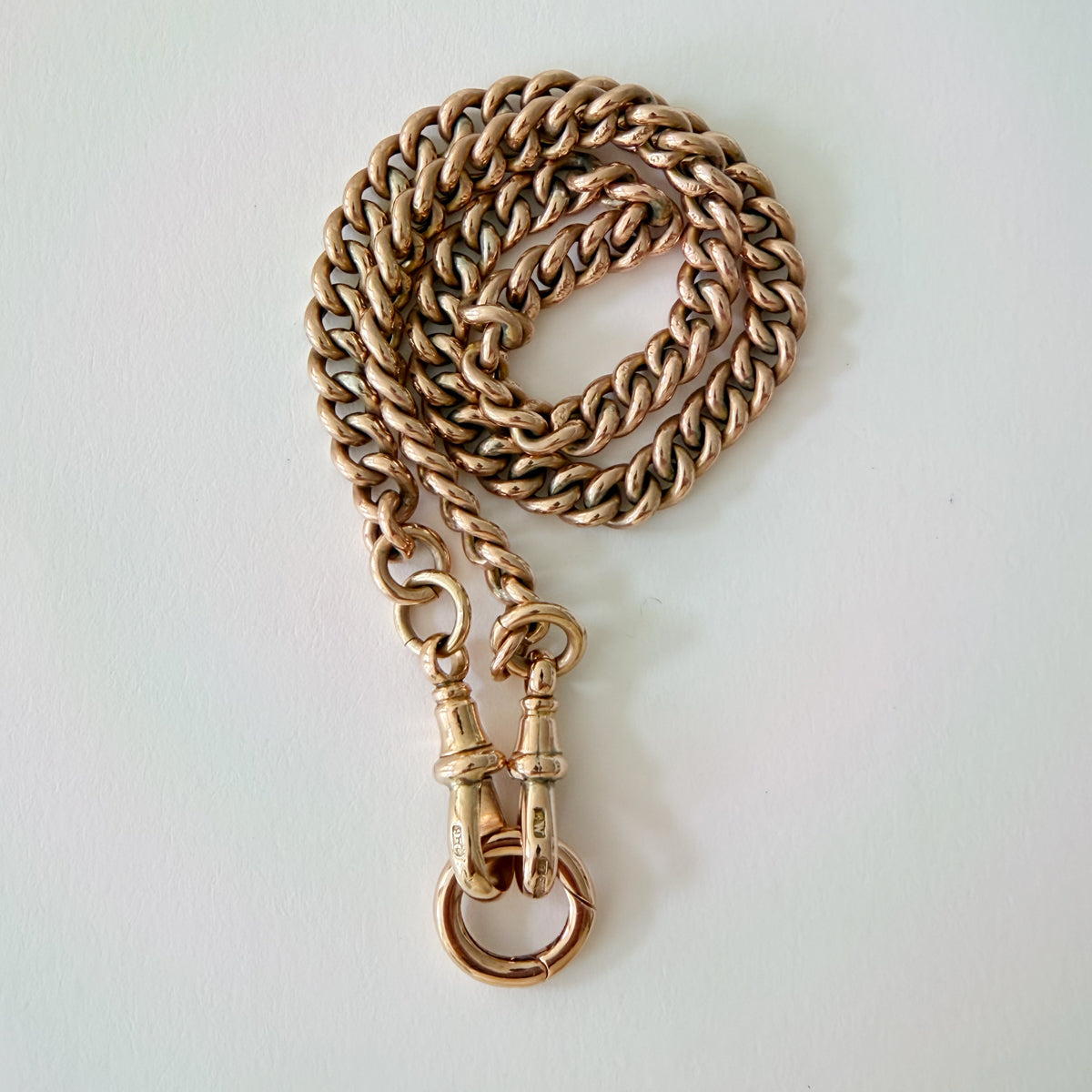 9K Rose Gold Antique Albert Pocket Watch Chain with 2 Swivel Dog Clips and Charm Holder - 15.5" inch