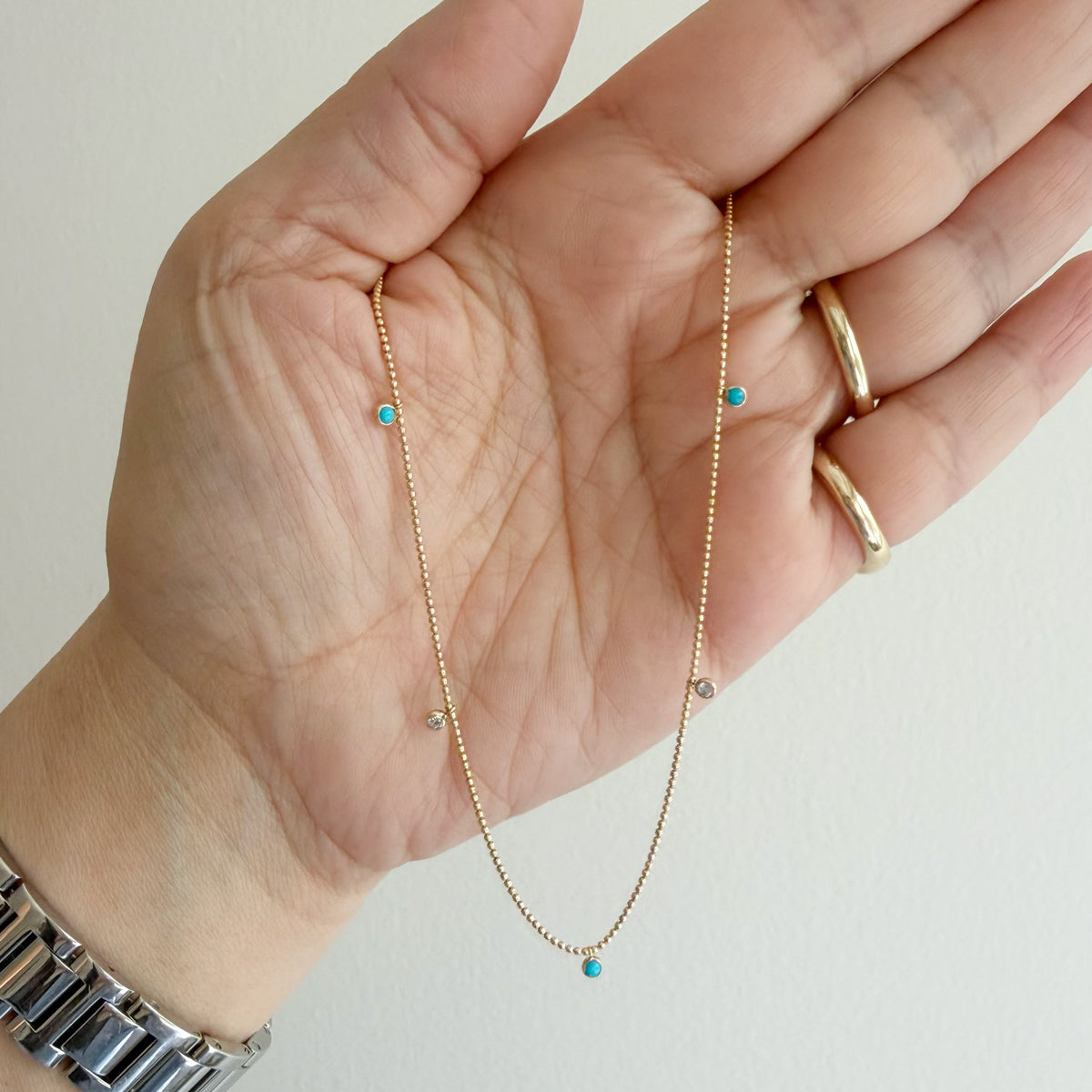 14K Dainty Diamond and Turquoise Beaded Chain Necklace 16-18 inch