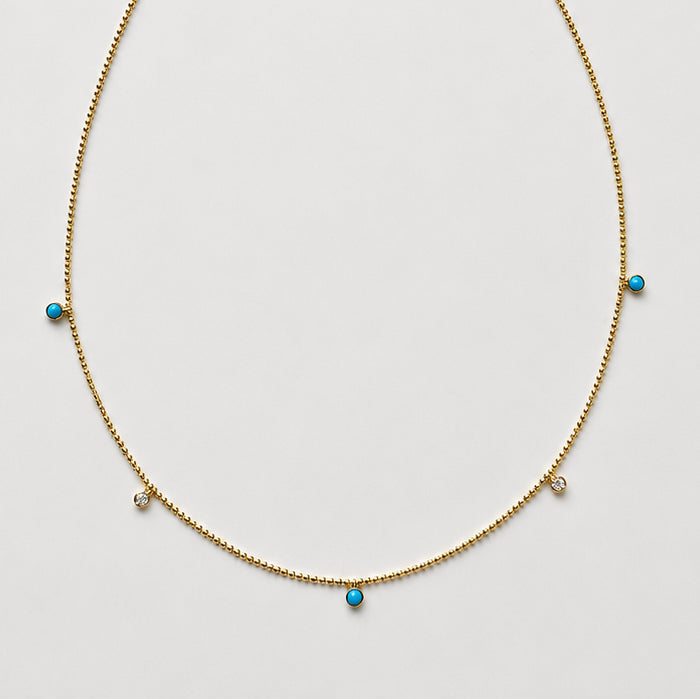 14K Dainty Diamond and Turquoise Beaded Chain Necklace 16-18 inch