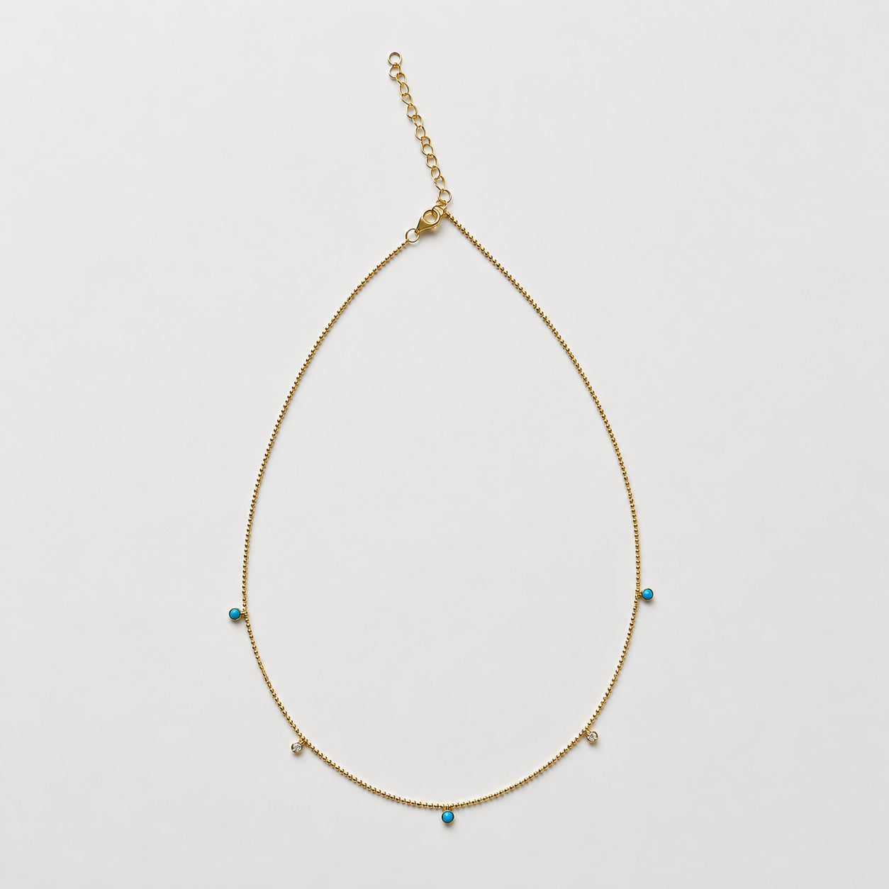 14K Dainty Diamond and Turquoise Beaded Chain Necklace 16-18 inch