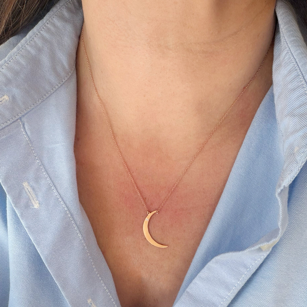 14K Rose Gold Dainty Moon and Diamond Necklace - 16 inch