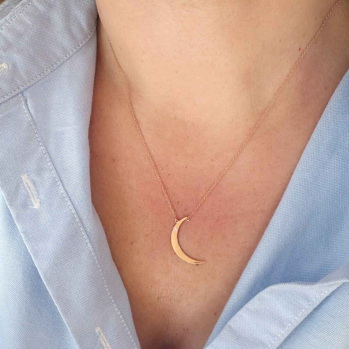14K Rose Gold Dainty Moon and Diamond Necklace - 16 inch