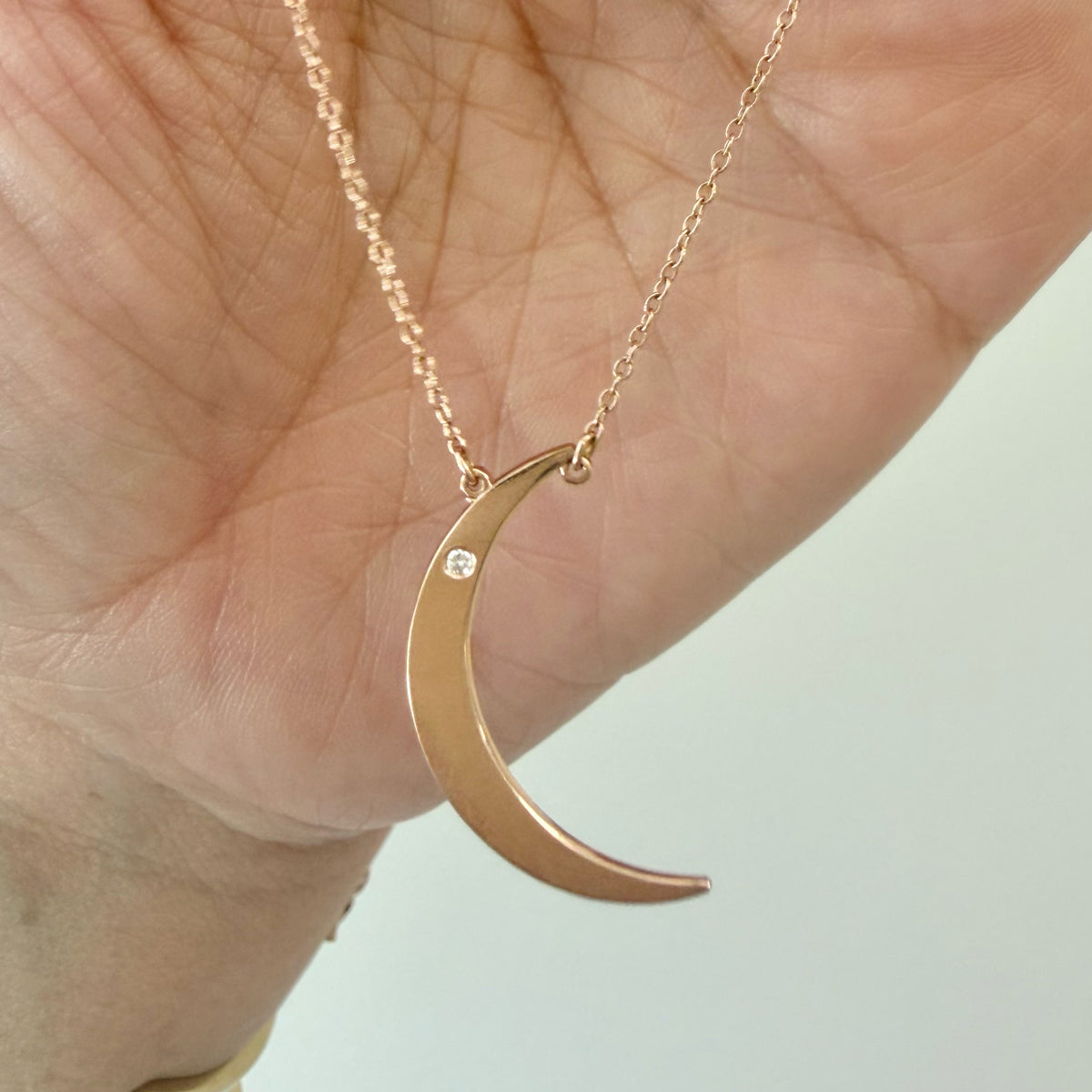 14K Rose Gold Dainty Moon and Diamond Necklace - 16 inch