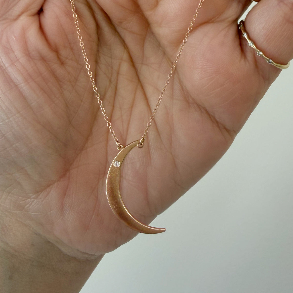 14K Rose Gold Dainty Moon and Diamond Necklace - 16 inch