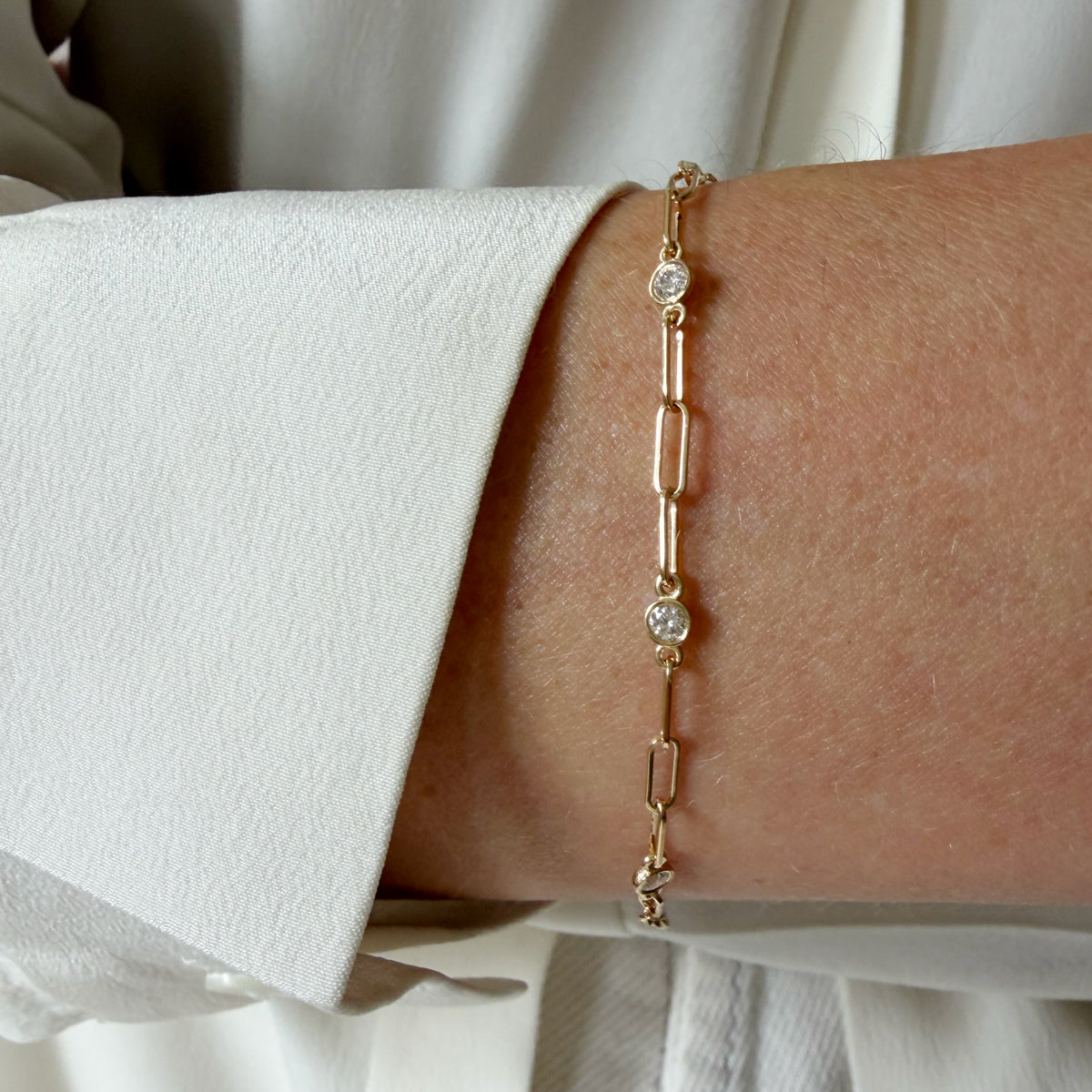 14K Gold Dainty Paper Clip Chain Diamond Bracelet - 7.5 inch