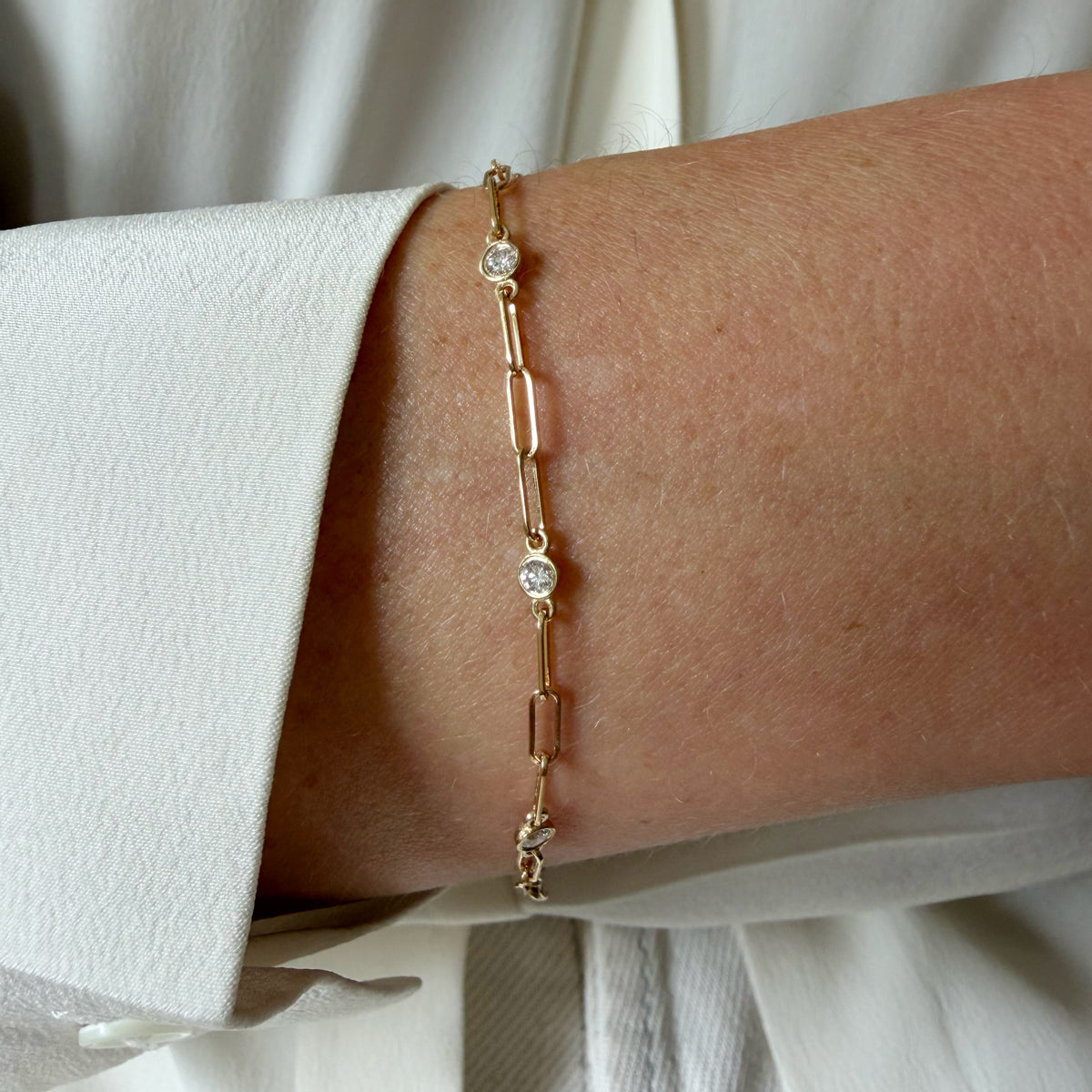 14K Gold Dainty Paper Clip Chain Diamond Bracelet - 7.5 inch