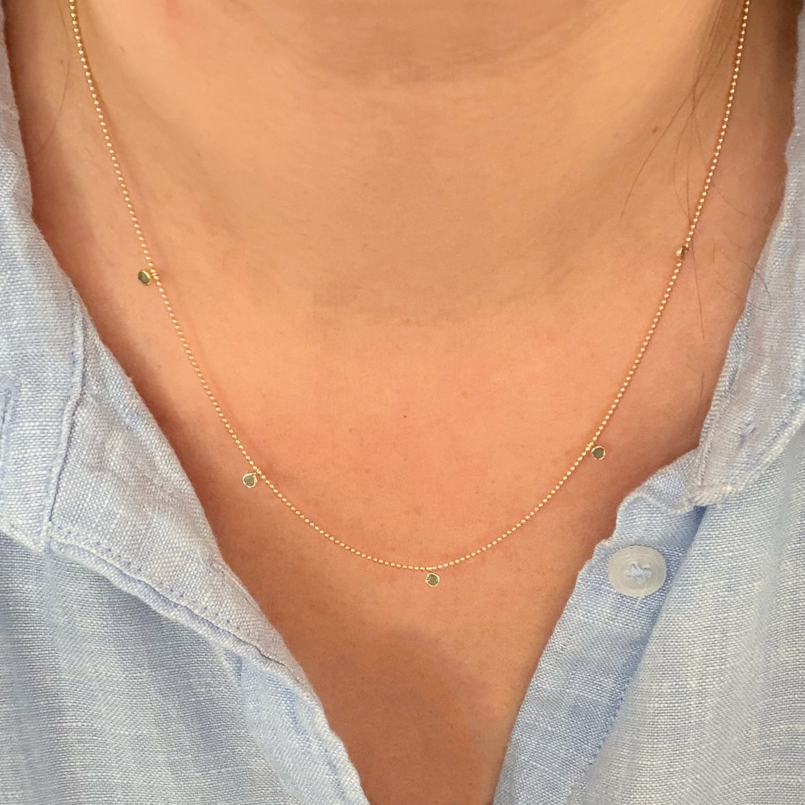 14K Dainty Emerald Beaded Chain Necklace 16-18 inch