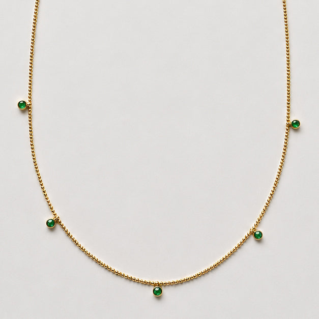 14K Dainty Emerald Beaded Chain Necklace 16-18 inch