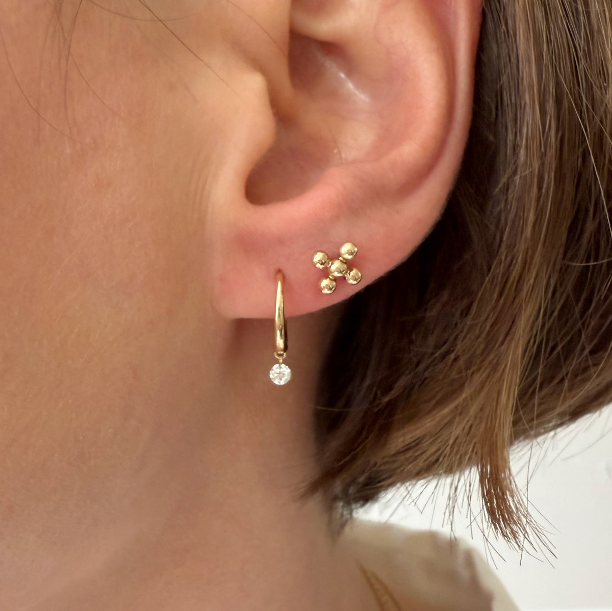 14K Drilled Natural Diamond Hinged Hoop Earrings