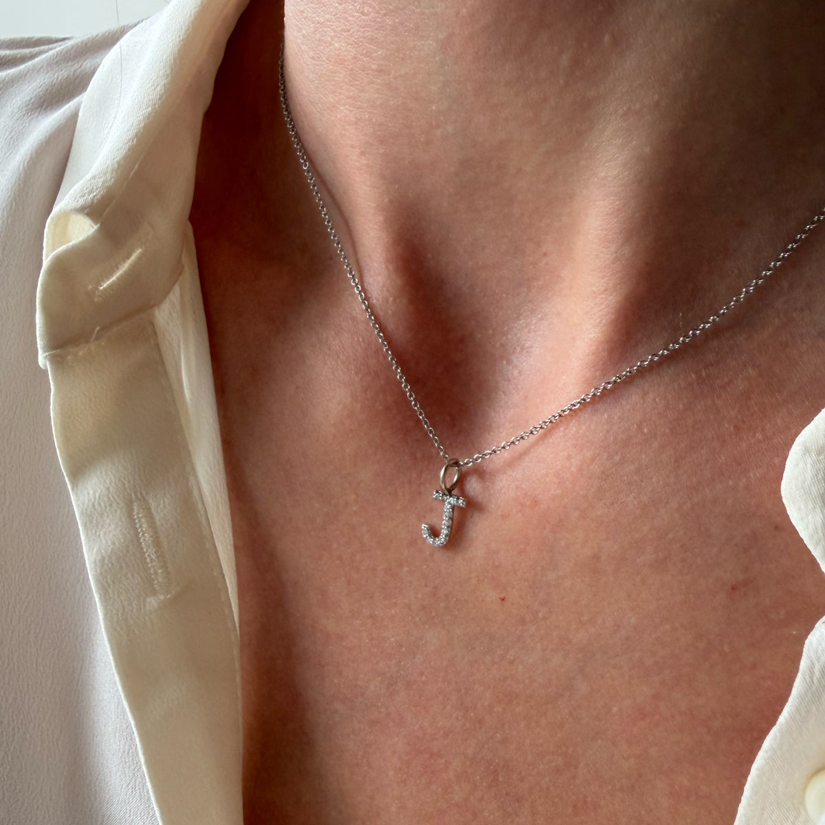 14K White Gold J Diamond Charm