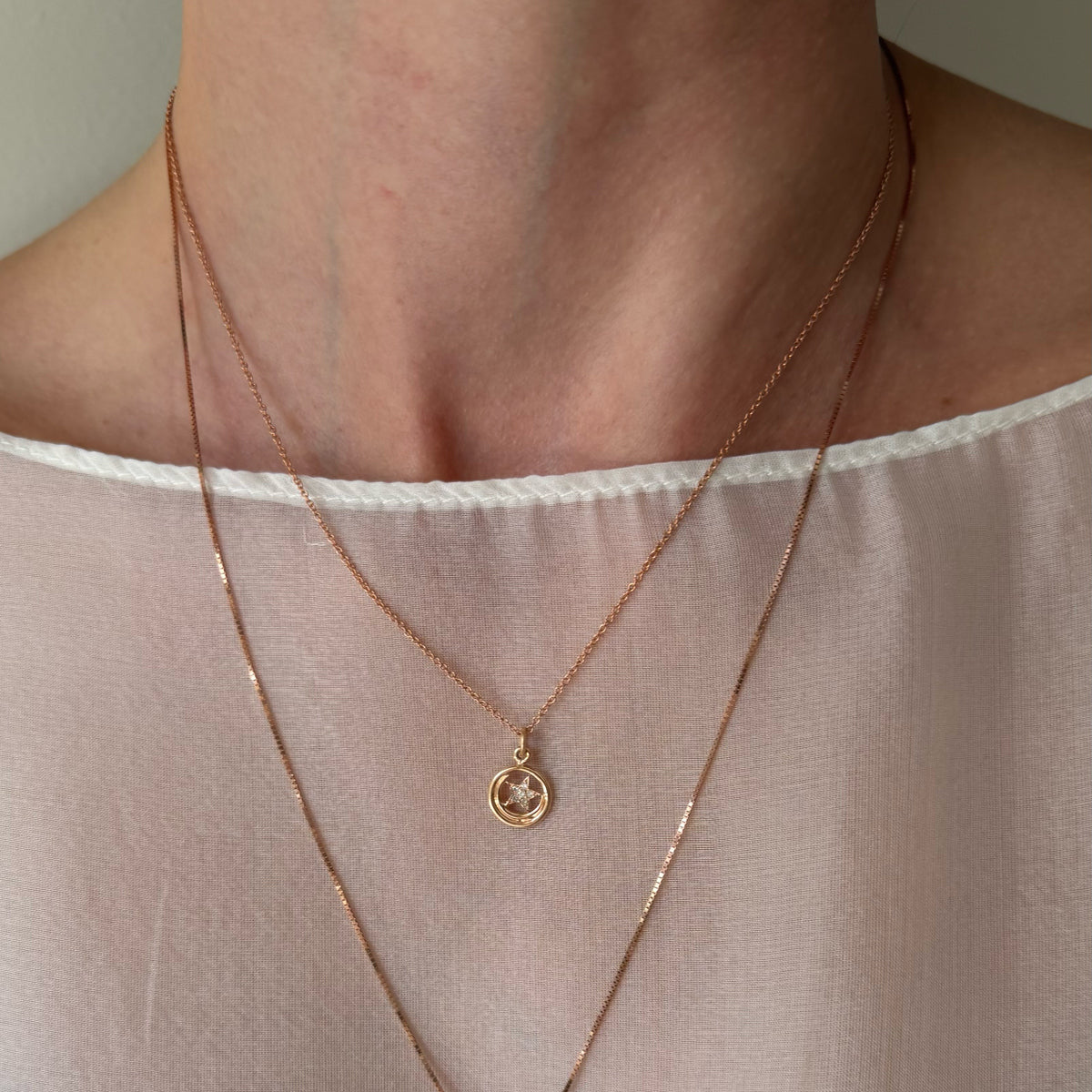 14K Rose Gold Dainty Diamond Star Necklace - 16 inch