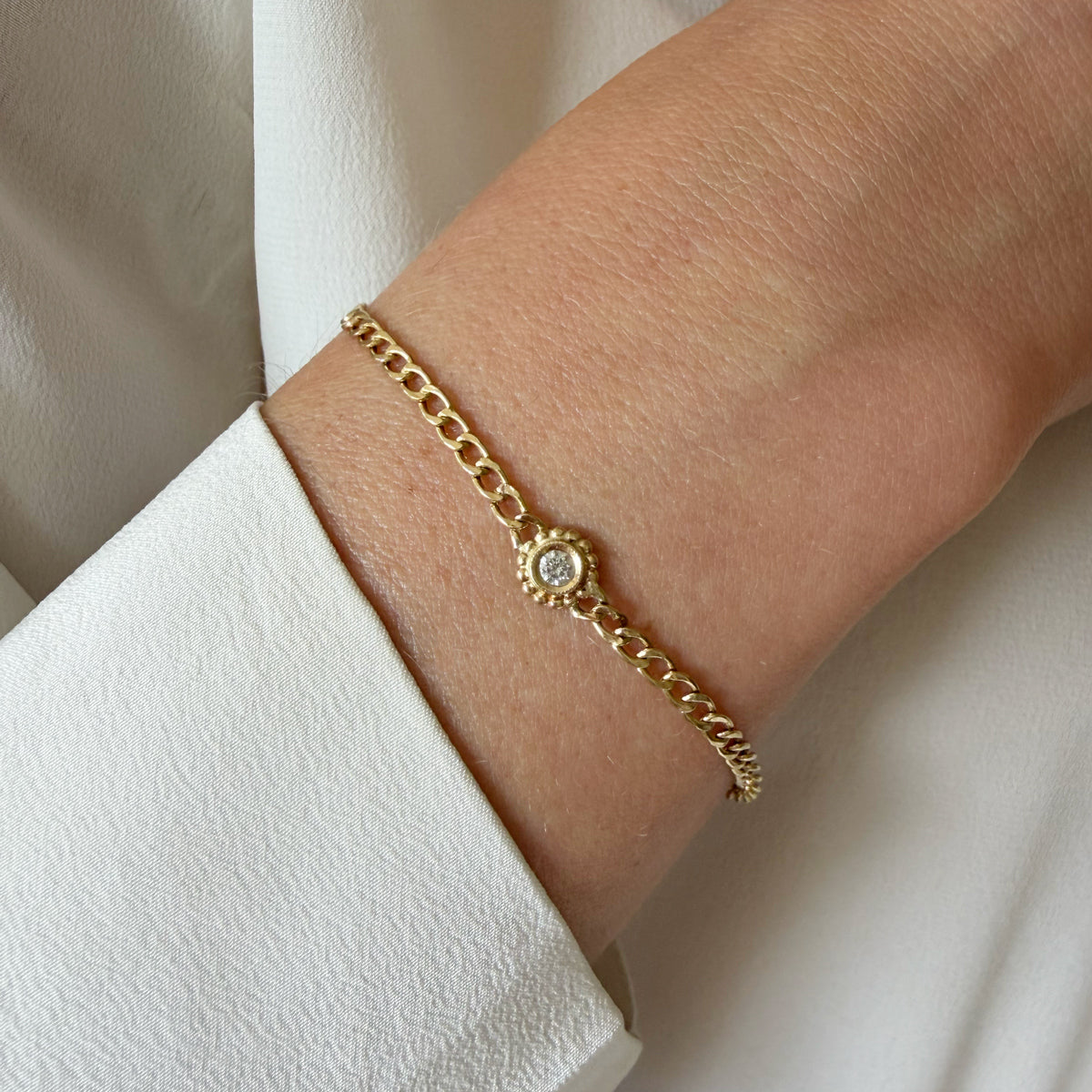 14K Yellow Gold Diamond Bezel Set Cable Link Bracelet - 6.5 inch