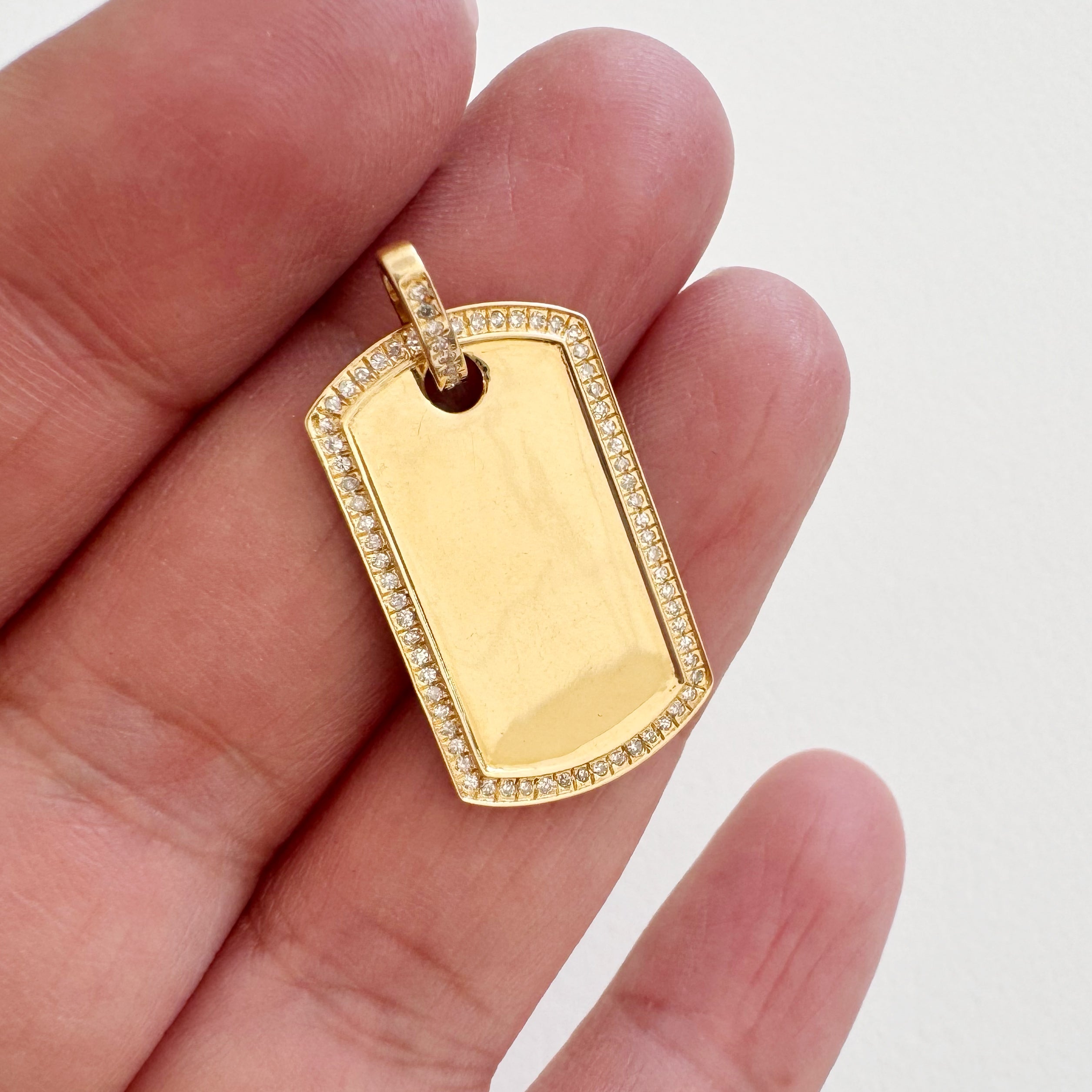 14K Pave Diamond Border Dog Tag Pendant