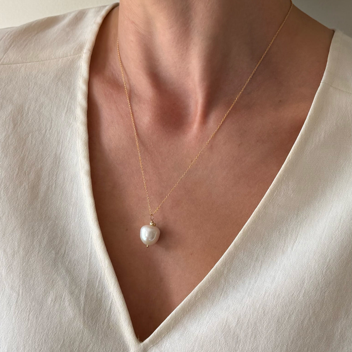 Gold Filled Dainty Chain Necklace w/ Jumbo Fresh Water Pearl Drop - 16-18 inch
