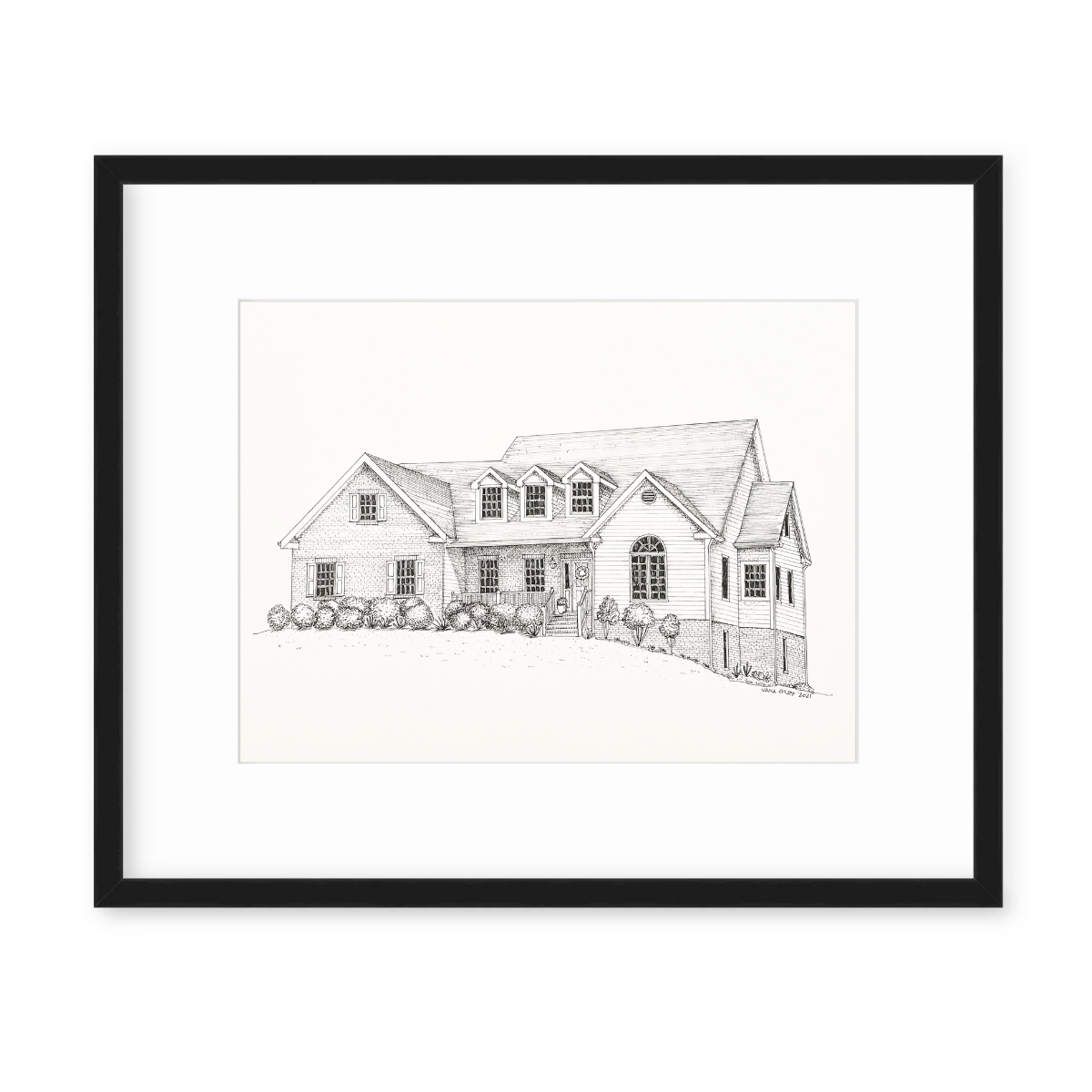 House illustration in blank ink by Vana Chupp