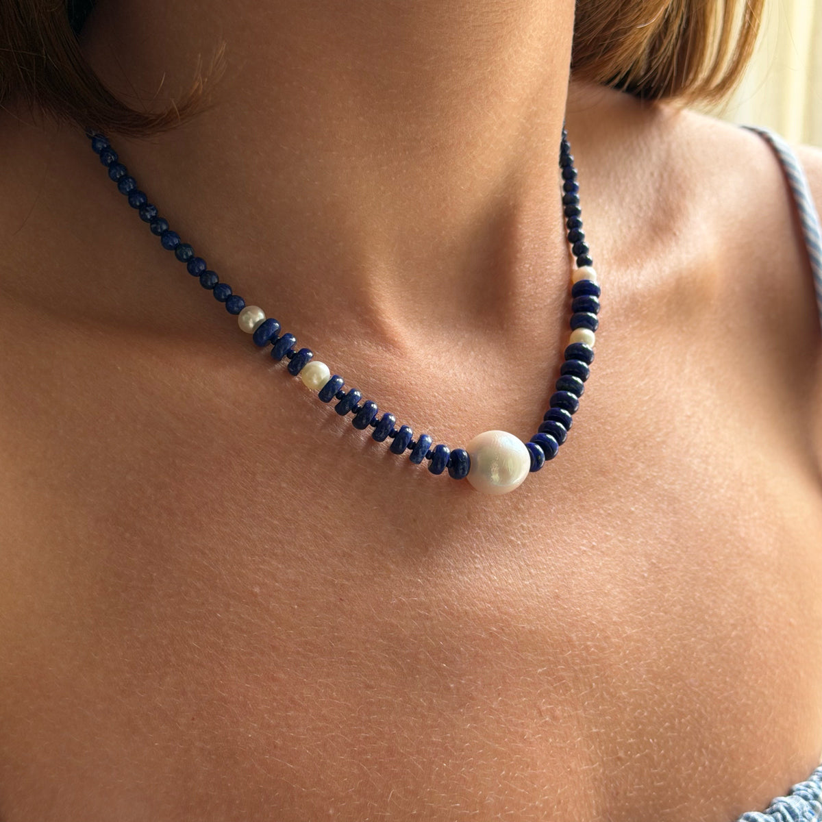 Lapis and Pearl Bead Necklace