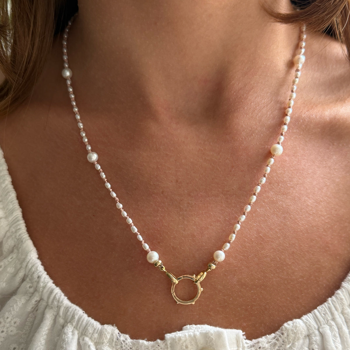 14K Pearl Necklace with Charm Holder