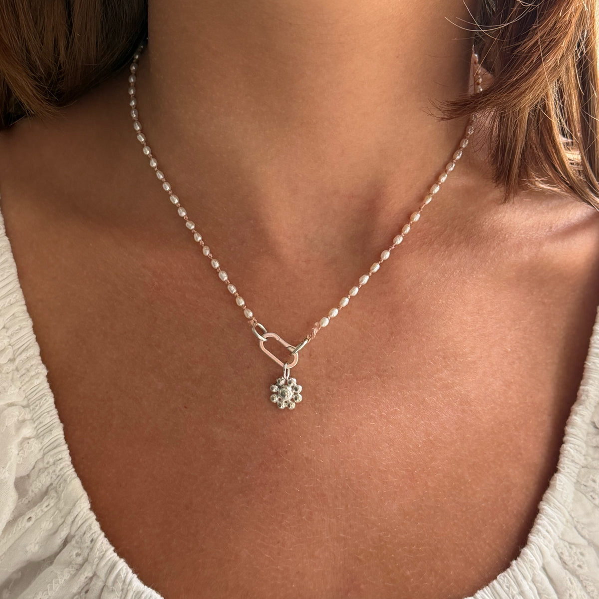 Seed Pearl Necklace with Silver Charm Holder