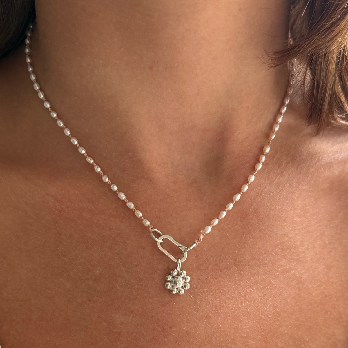 Seed Pearl Necklace with Silver Charm Holder