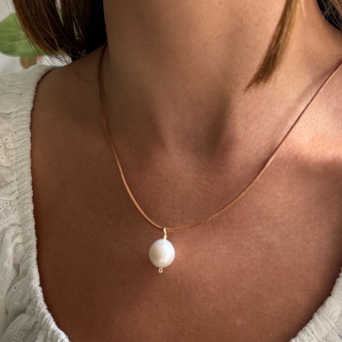 Jumbo Pearl and Leather Cord Necklace