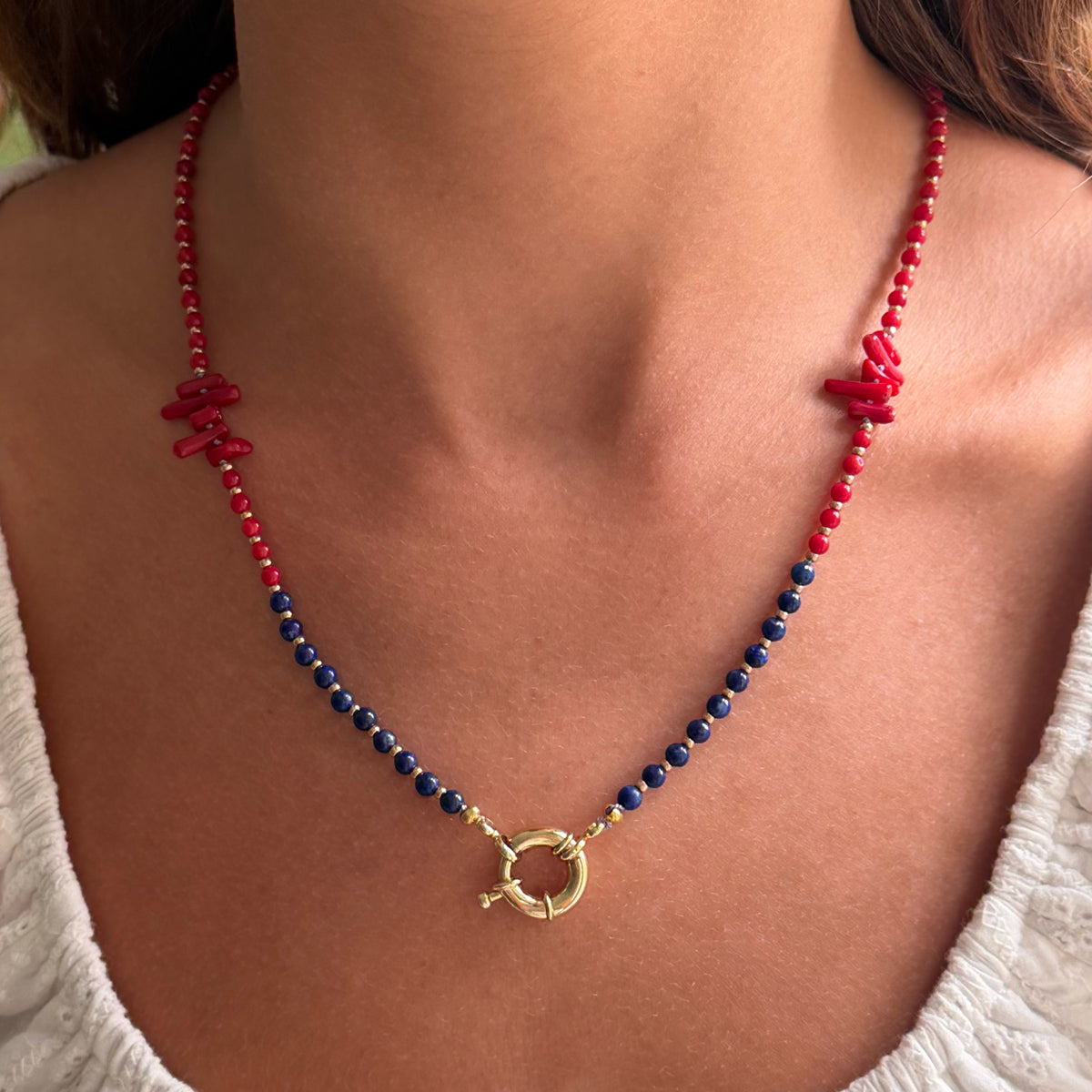 Coral and Lapis Beads with Mariner Jumbo Clasp Necklace