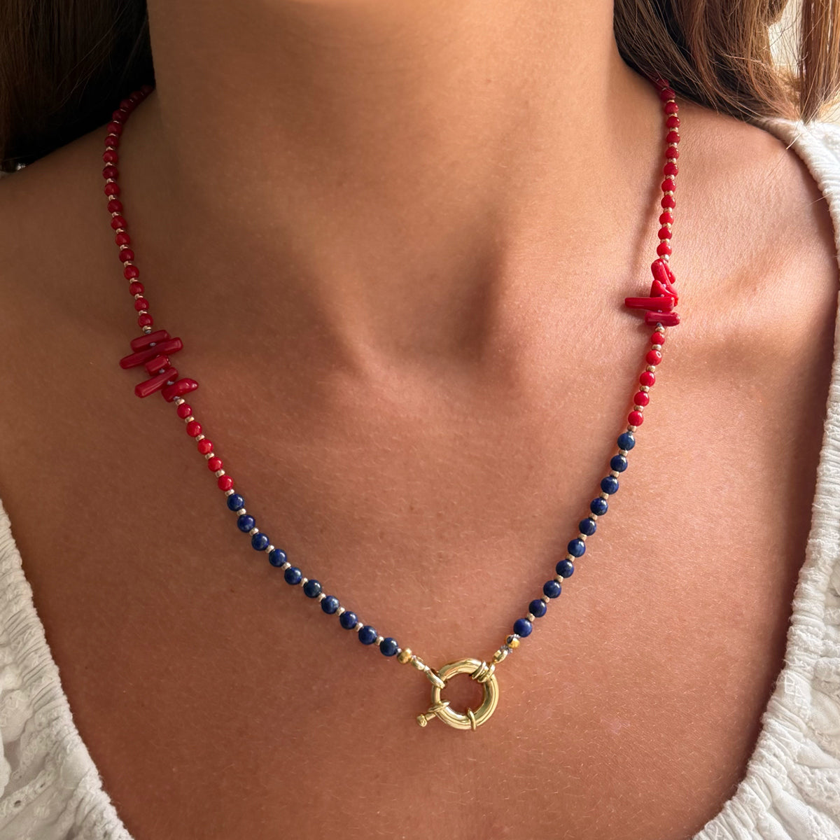 Coral and Lapis Beads with Mariner Jumbo Clasp Necklace