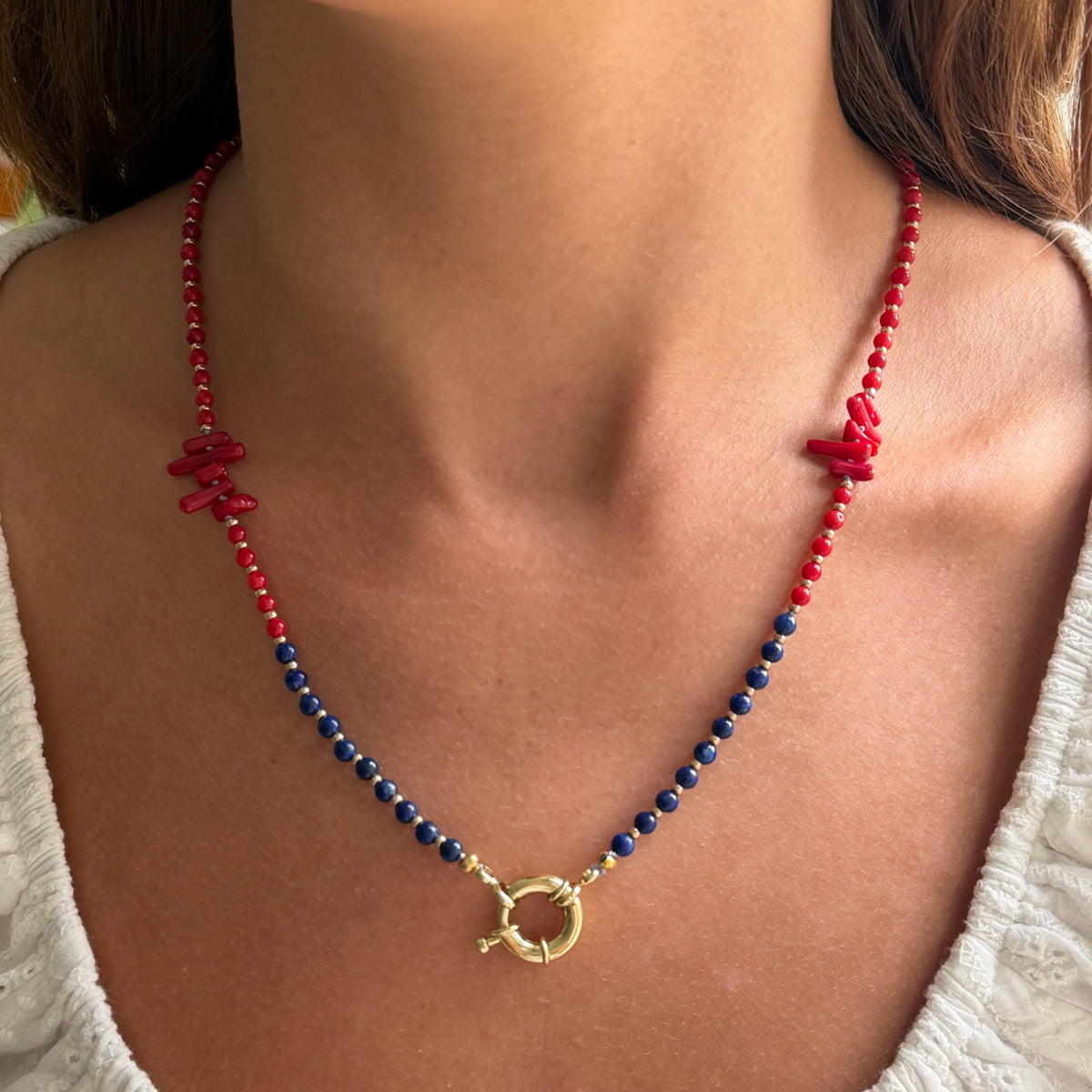Coral and Lapis Beads with Mariner Jumbo Clasp Necklace