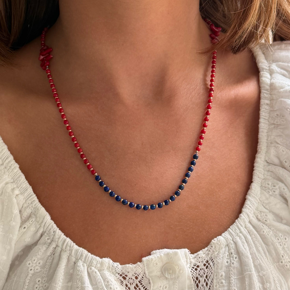 Coral and Lapis Beads with Mariner Jumbo Clasp Necklace