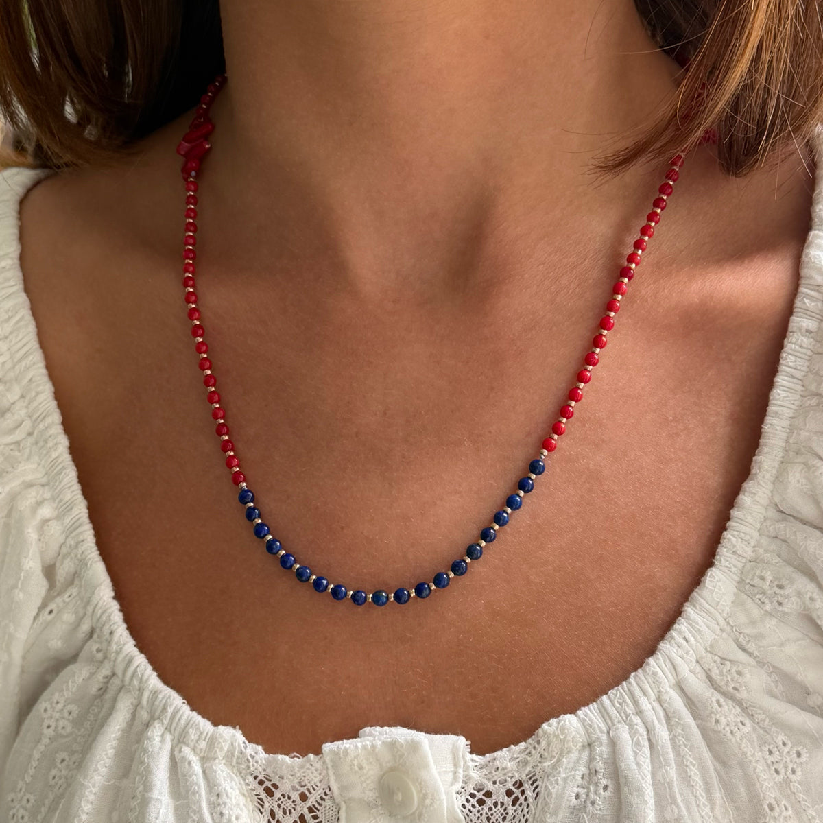 Coral and Lapis Beads with Mariner Jumbo Clasp Necklace