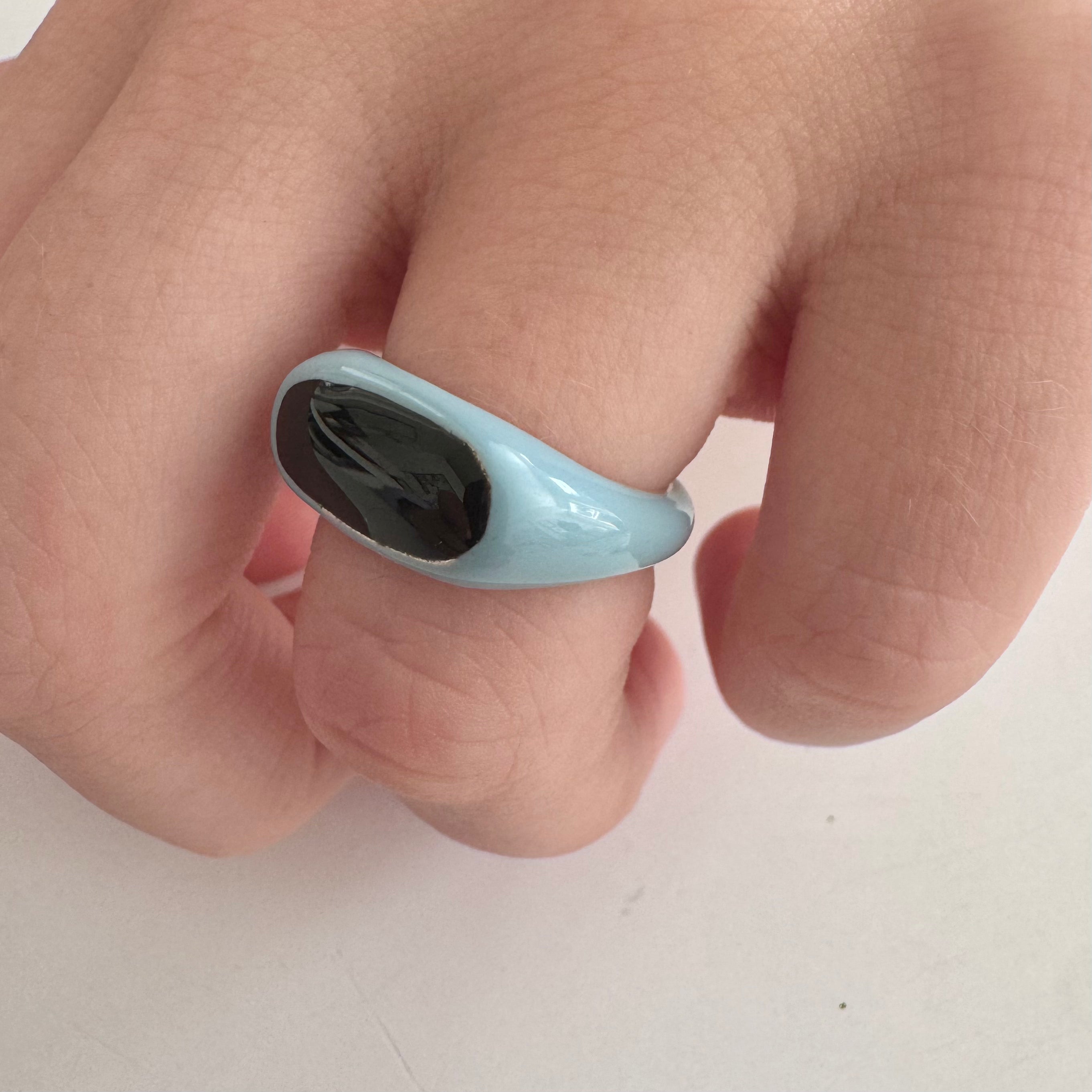 Light Blue & Black Enamel Signet Ring - size 4.5
