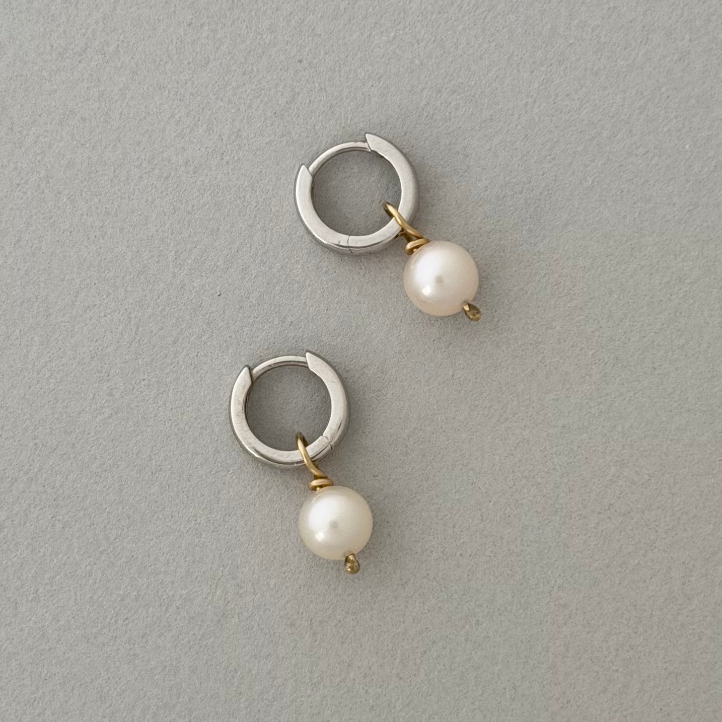 14K White Gold Hoops with Pearl Dangles