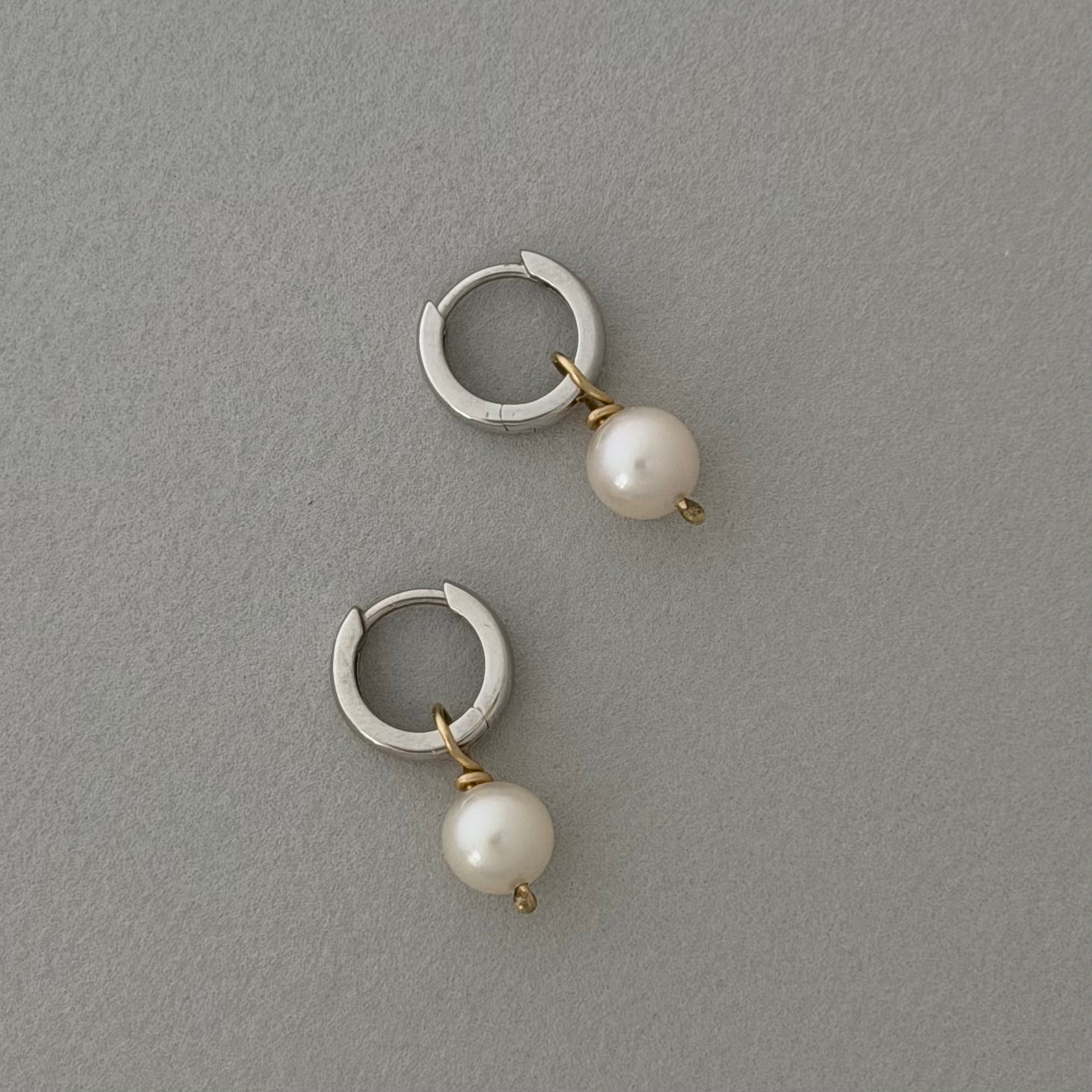 14K White Gold Hoops with Pearl Dangles