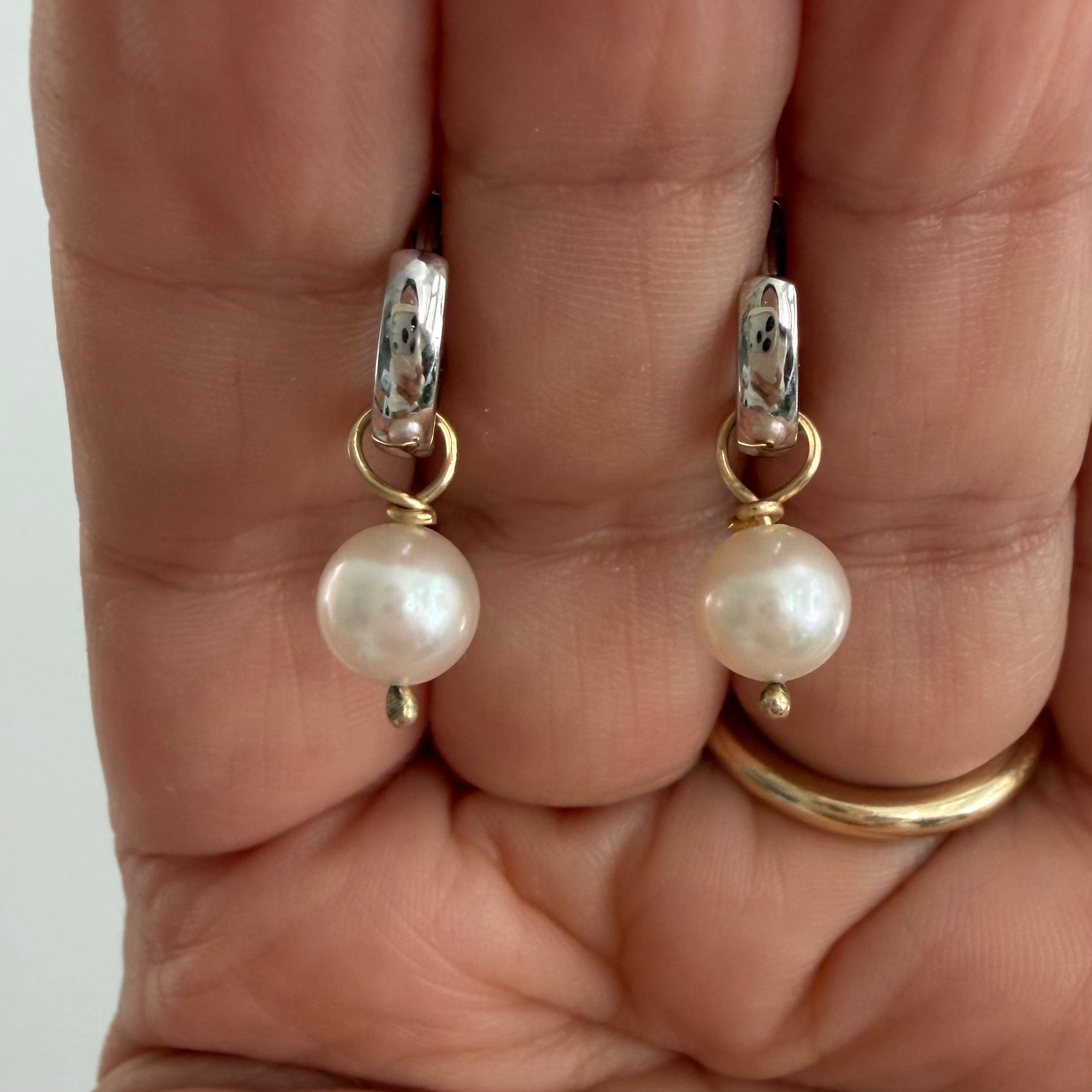 14K White Gold Hoops with Pearl Dangles