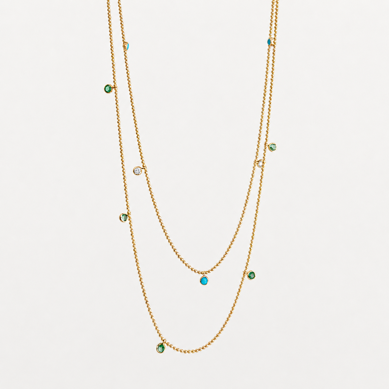 14K Dainty Diamond and Turquoise Beaded Chain Necklace 16-18 inch