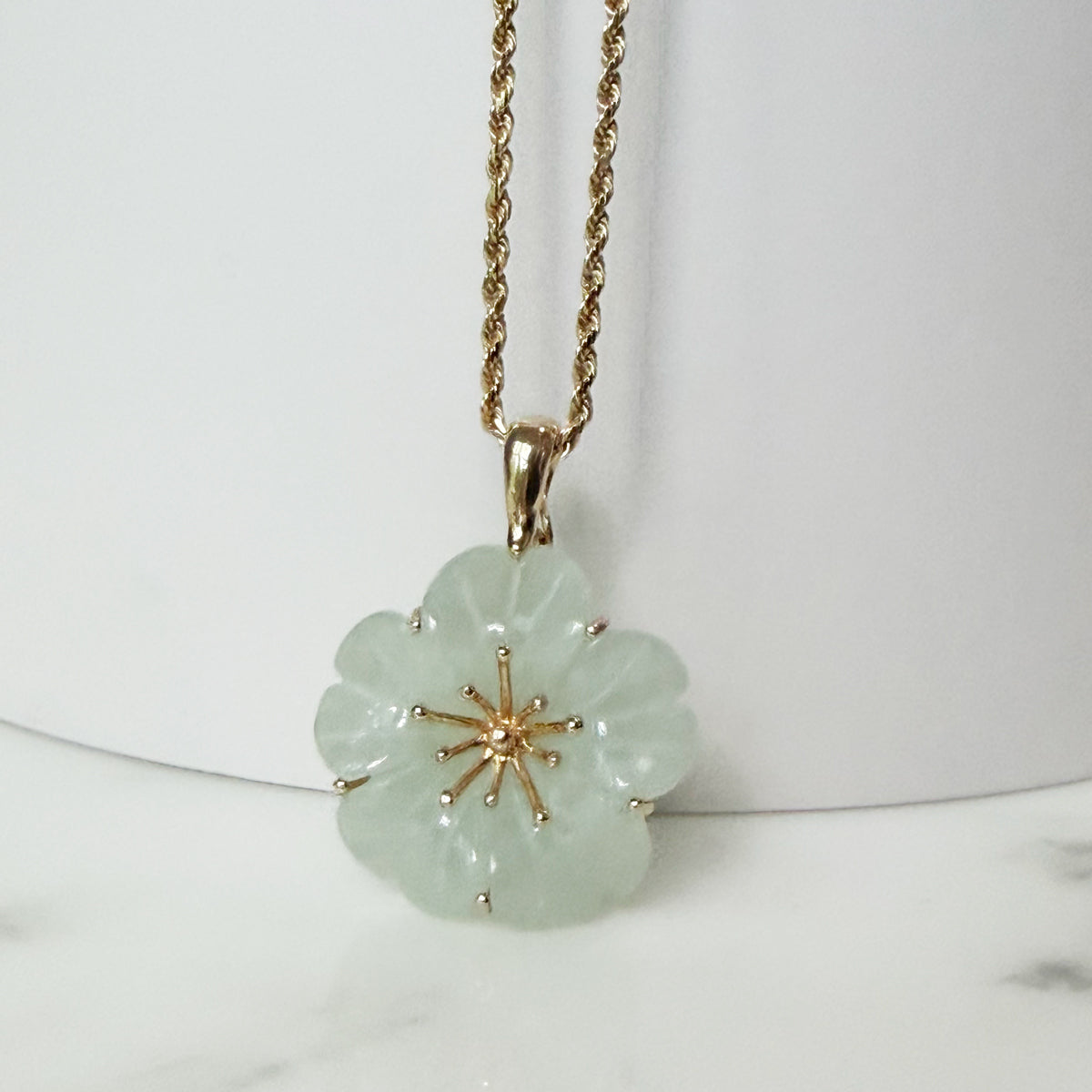 14K Gold Vintage Pale Green Jade Flower Charm