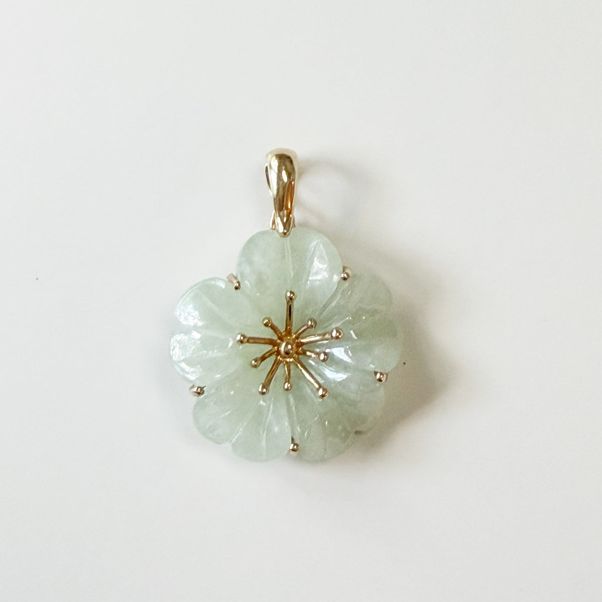 14K Gold Vintage Pale Green Jade Flower Charm