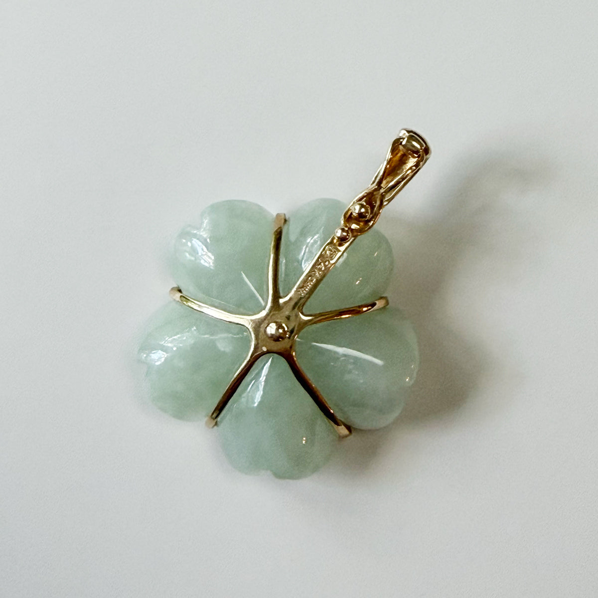 14K Gold Vintage Pale Green Jade Flower Charm