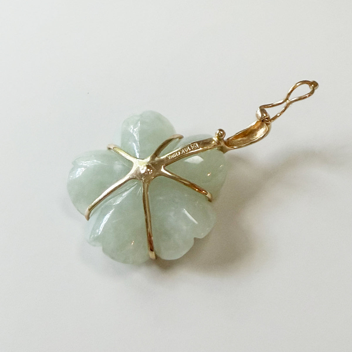 14K Gold Vintage Pale Green Jade Flower Charm